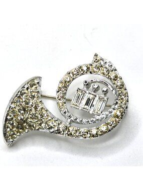 Vintage French Horn Brooch Rhinestone Crystal Silver Tone Music Instrument Pin